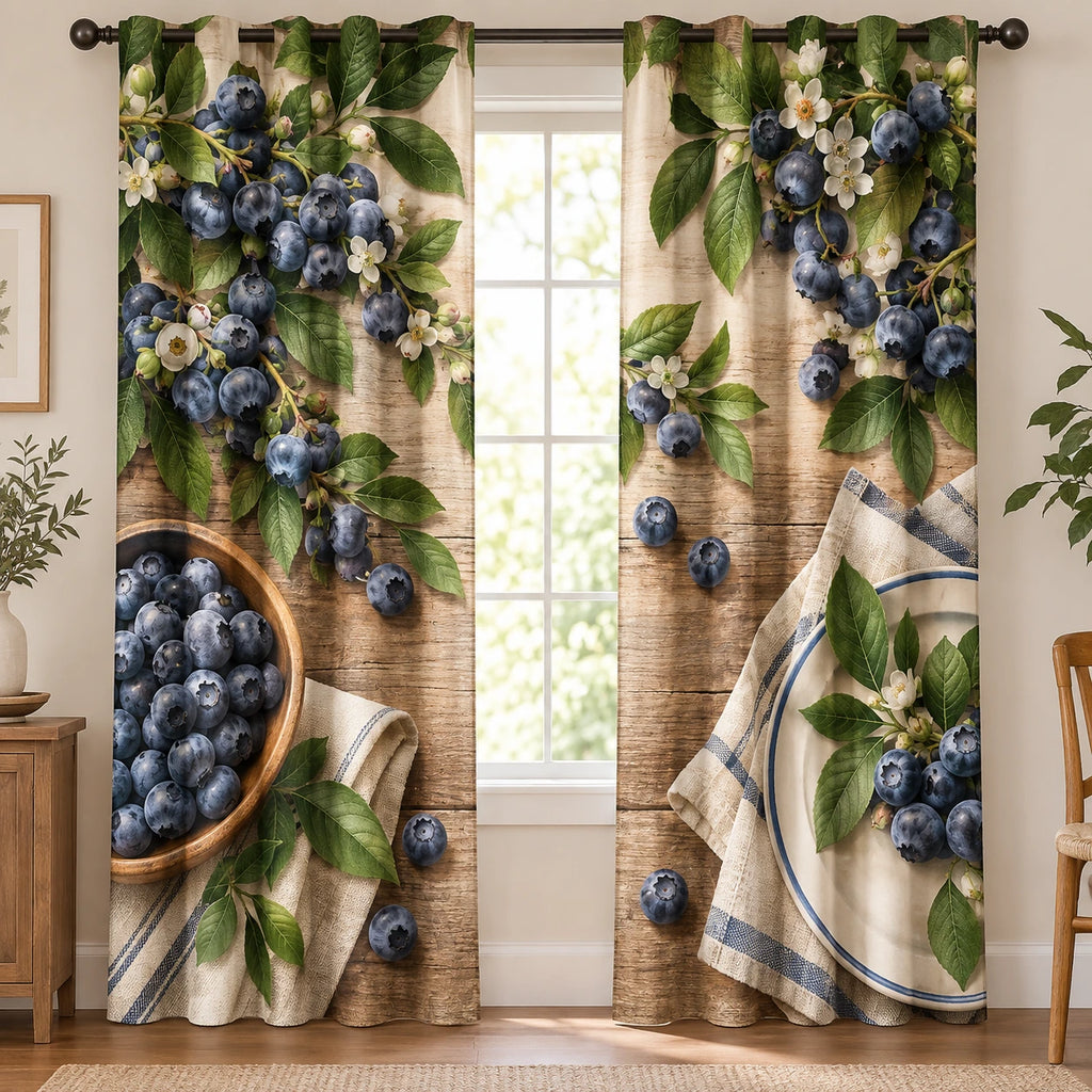 Blueberry Breakfast Table Window Curtains with printed dimensional artwork