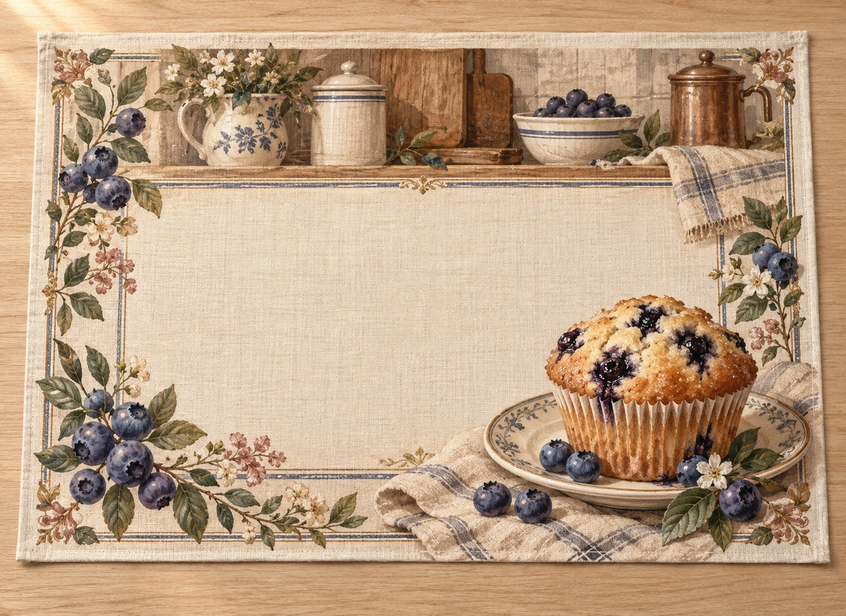 Blueberry Muffin Kitchen Placemat with flat printed dimensional bakery artwork