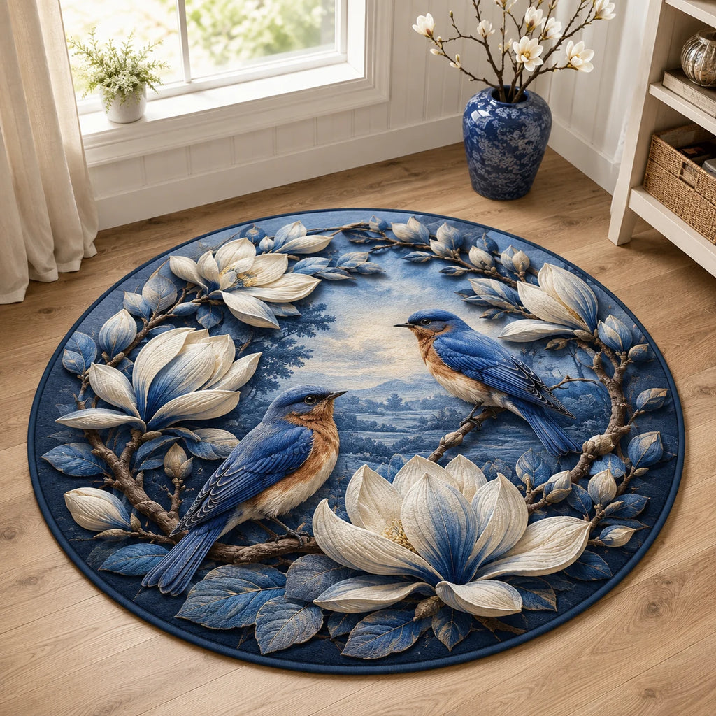 Bluebird Magnolia Wreath round mat rug with a dimensional printed design in a bird garden setting
