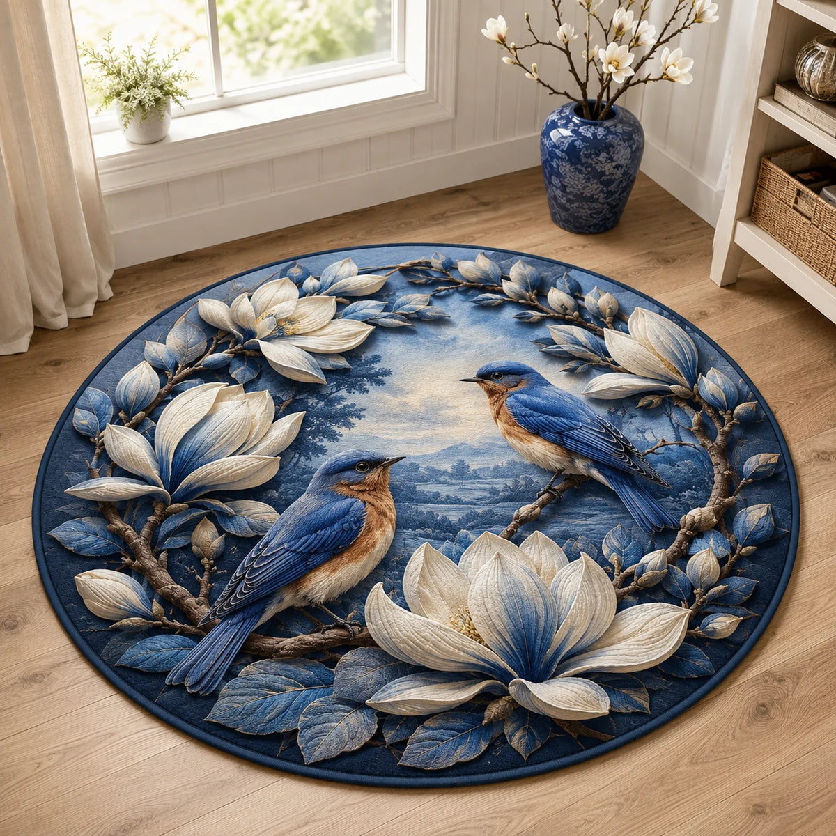 Bluebird Magnolia Wreath round mat rug with a dimensional printed design in a bird garden setting