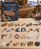 Boatbuilder advent calendar with 24 custom-shaped flat acrylic charms and printed dimensional artwork