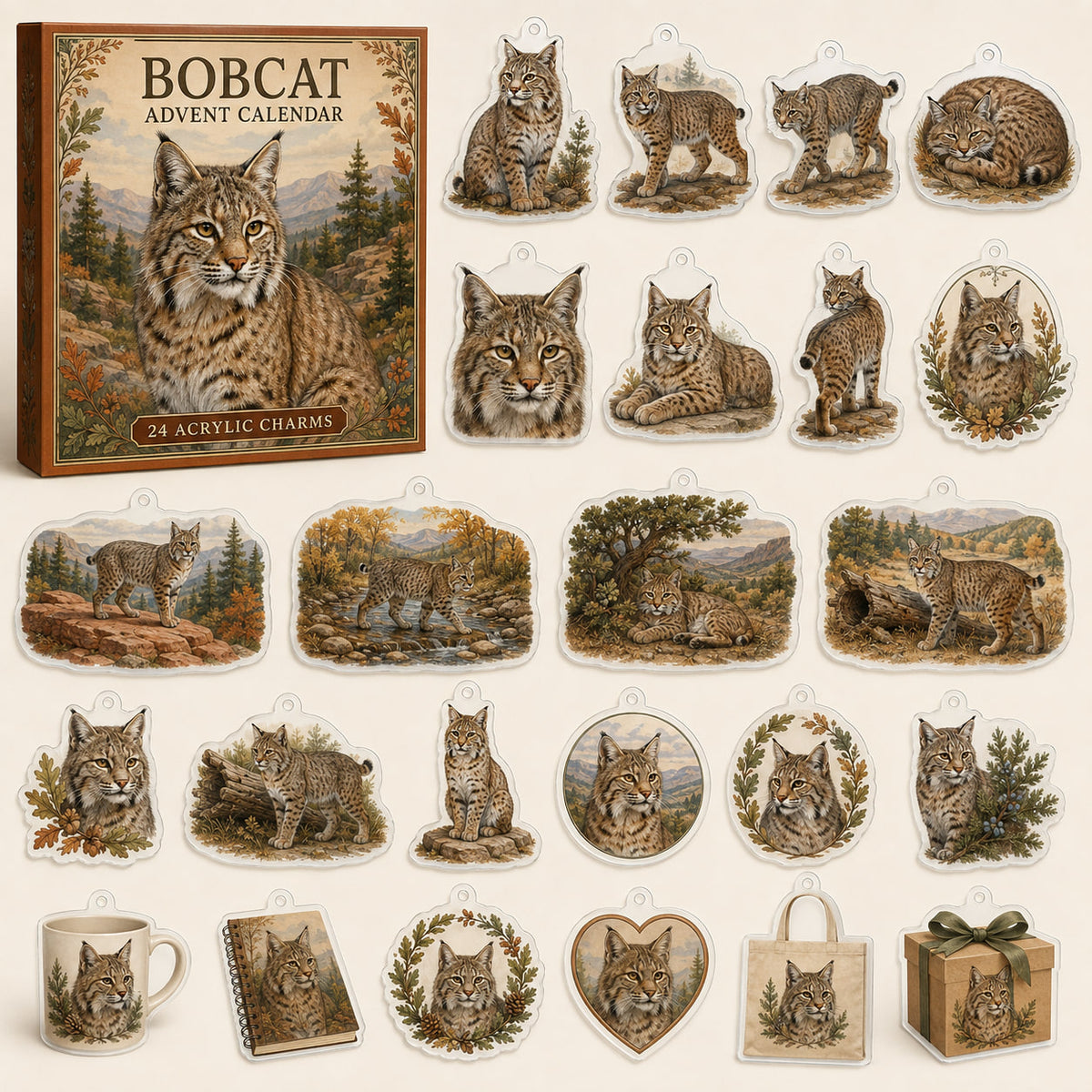 Bobcat advent calendar box with 24 themed flat printed acrylic charms