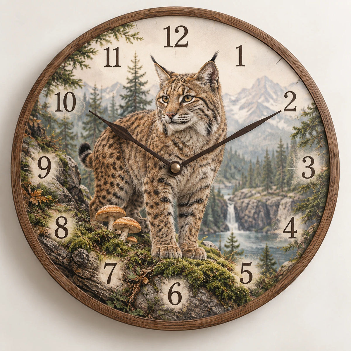 Bobcat Mushroom Hollow Wooden Wall Clock with printed dimensional artwork