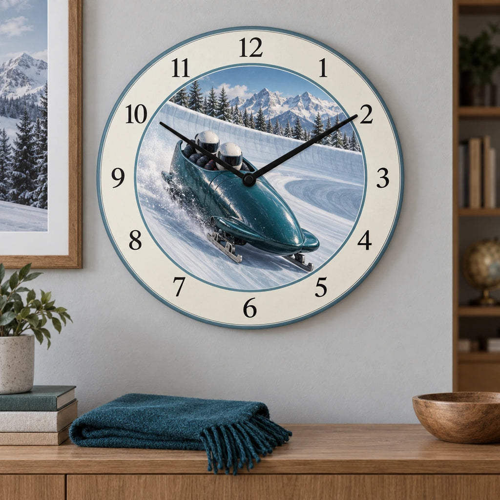 Bobsled Ice Curve Wooden Wall Clock with original printed optical 3D artwork