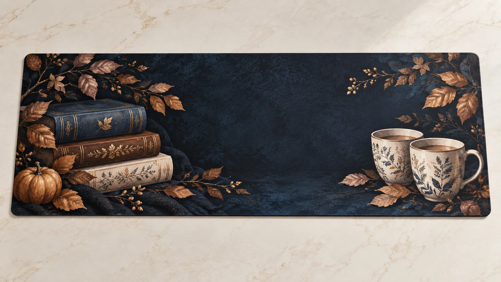 Book Club Autumn Reading Desk Mat with original printed depth artwork on a thin desk mat