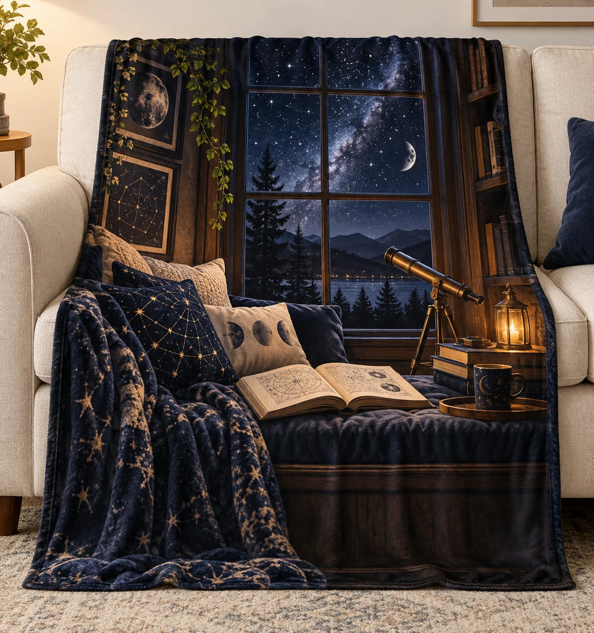 Book Lover Fleece Blanket - Astronomy Reader Window Seat with flat printed dimensional artwork