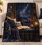 Book Lover Fleece Blanket - Astronomy Reader Window Seat with flat printed dimensional artwork