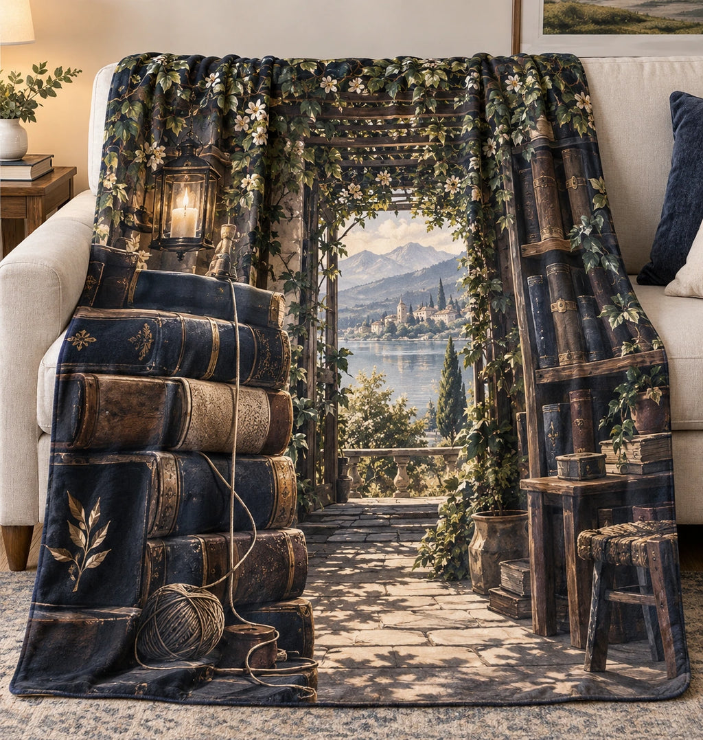 Book Lover Fleece Blanket - Bookbinder Garden Reading with flat printed dimensional artwork