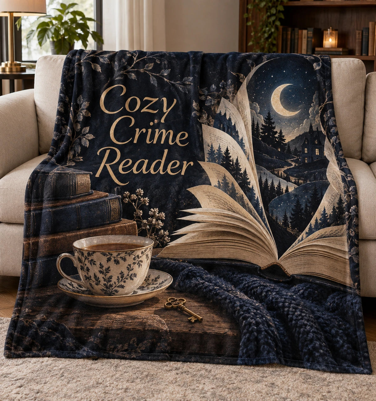 Book Lover Fleece Blanket - Cozy Crime Reader Moonlit Pages with flat printed dimensional artwork