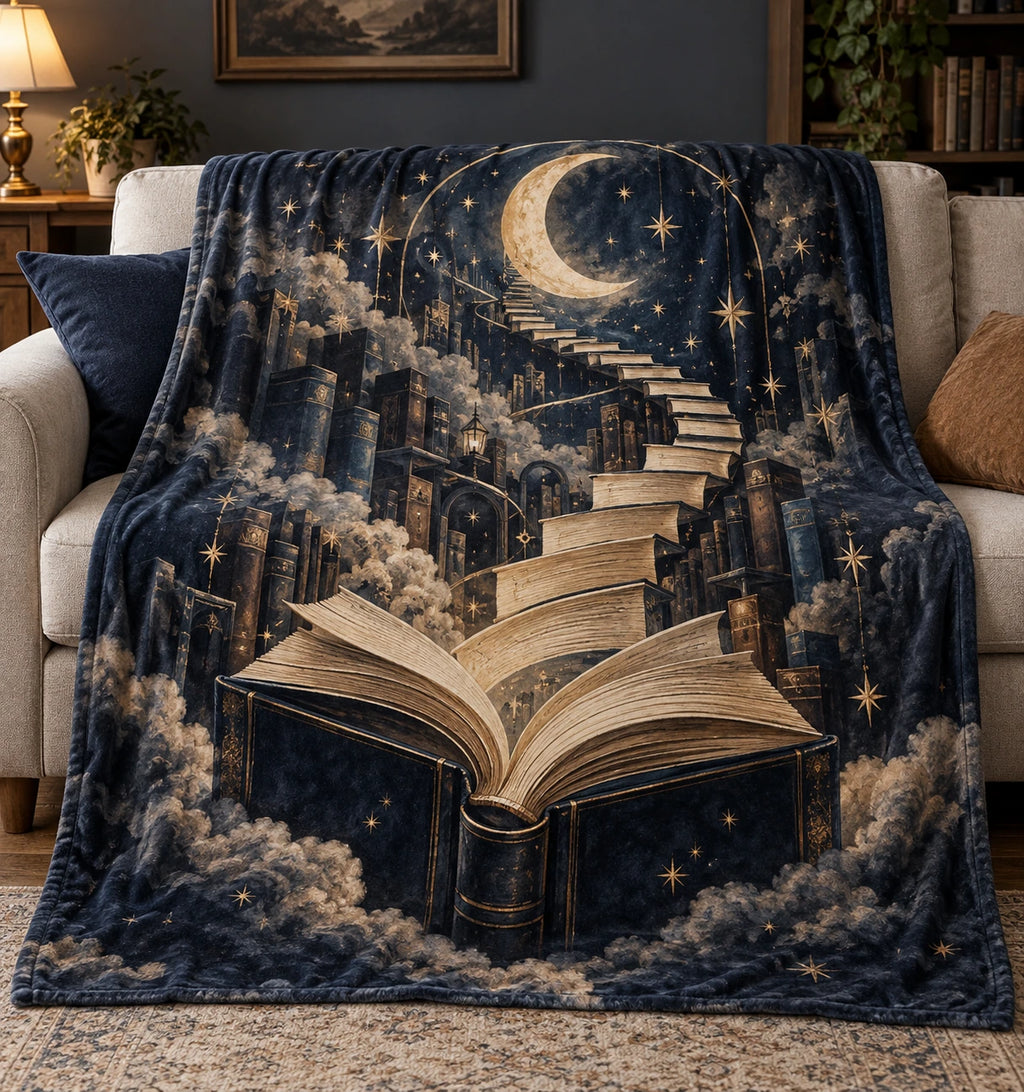 Book Lover Fleece Blanket - Fantasy Reader Moonlit Pages with flat printed dimensional artwork