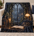 Book Lover Fleece Blanket - Gothic Reader Rainy Afternoon with flat printed dimensional artwork