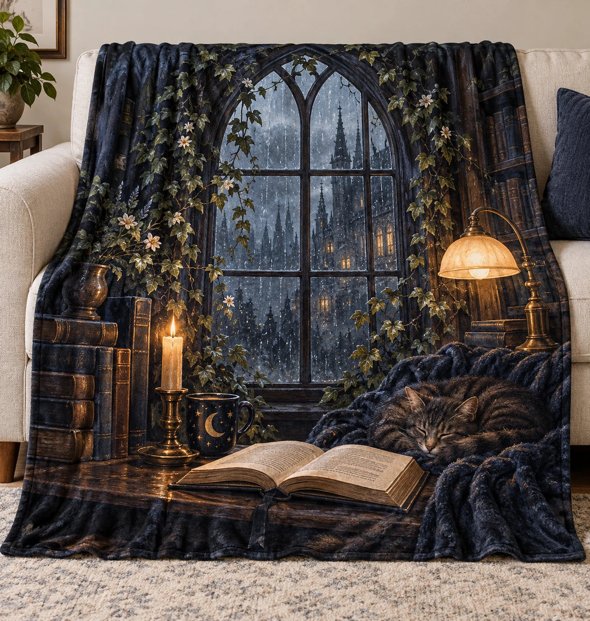 Book Lover Fleece Blanket - Gothic Reader Rainy Afternoon with flat printed dimensional artwork