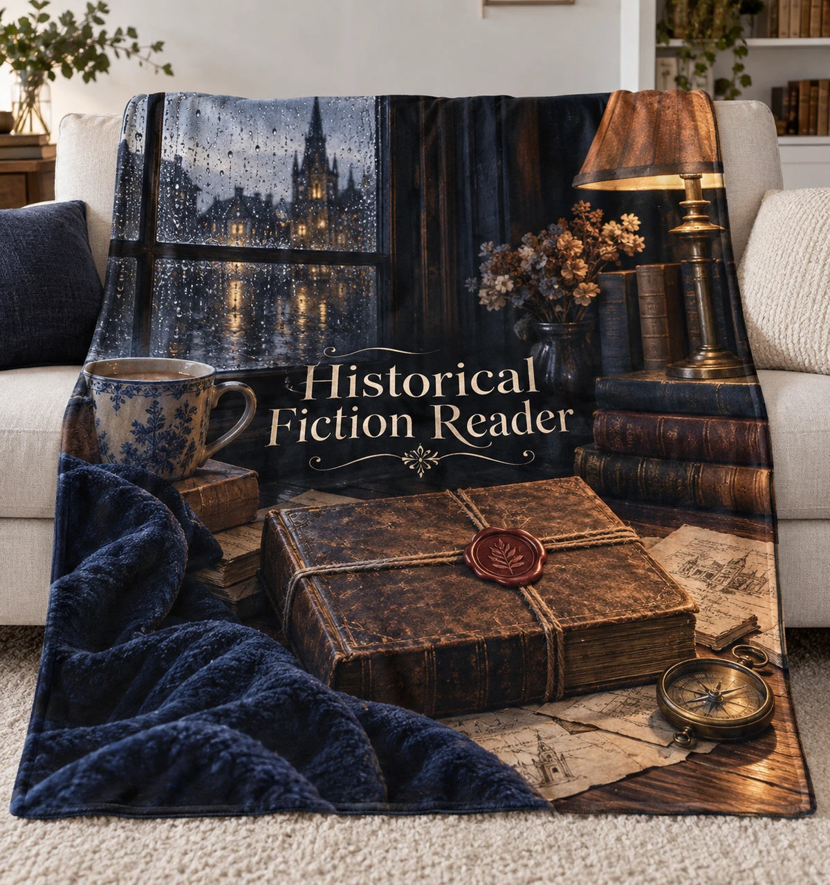 Book Lover Fleece Blanket - Historical Fiction Reader Rainy Afternoon with flat printed dimensional artwork