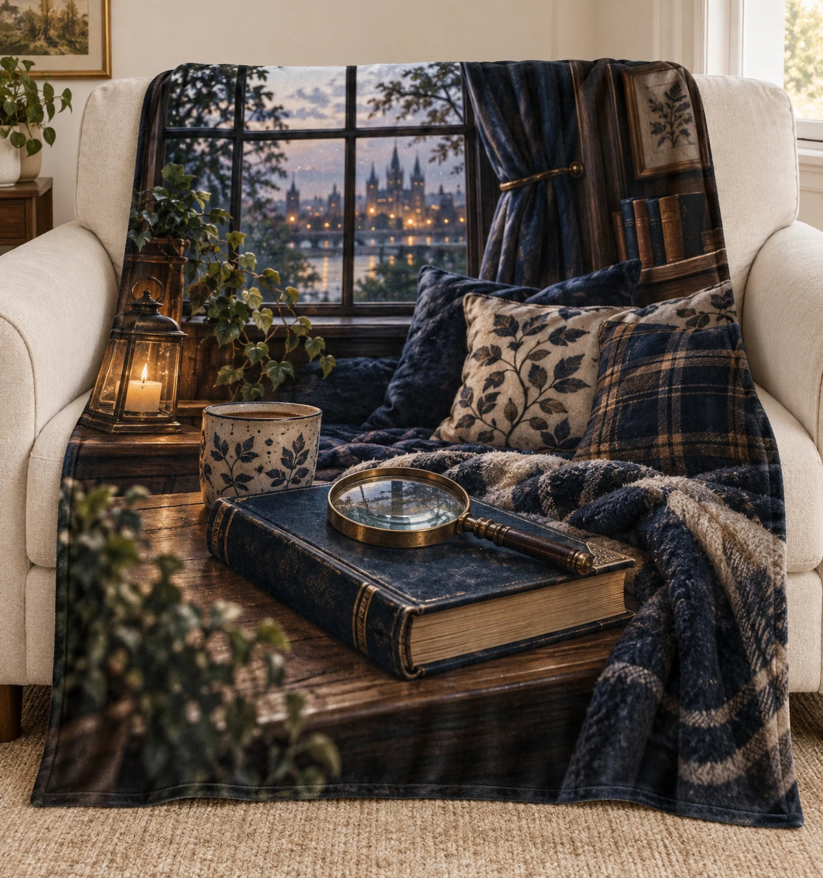 Book Lover Fleece Blanket - Mystery Reader Window Seat with flat printed dimensional artwork