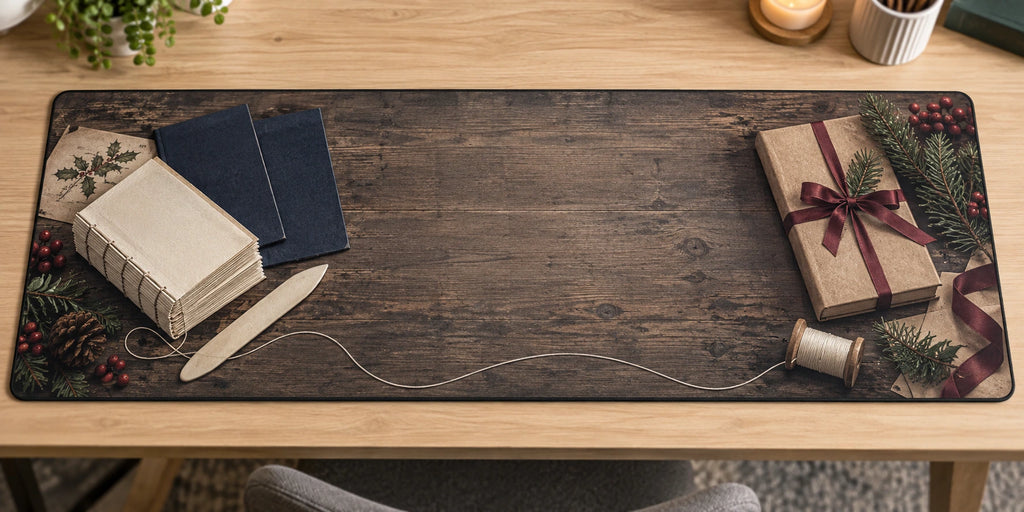 Bookbinder Holiday Workshop Desk Mat with printed sewn spine and gift-wrapping depth
