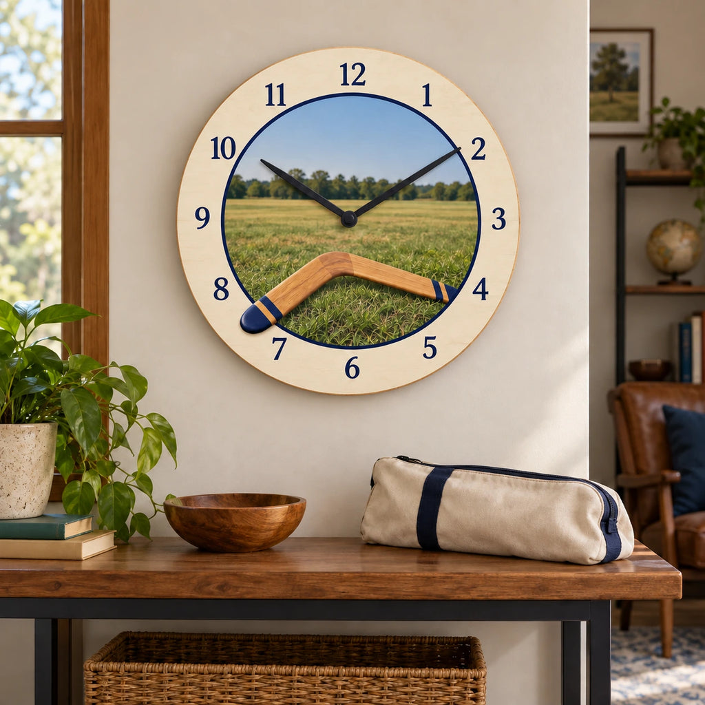 Boomerang Field Wooden Wall Clock with original printed optical 3D artwork