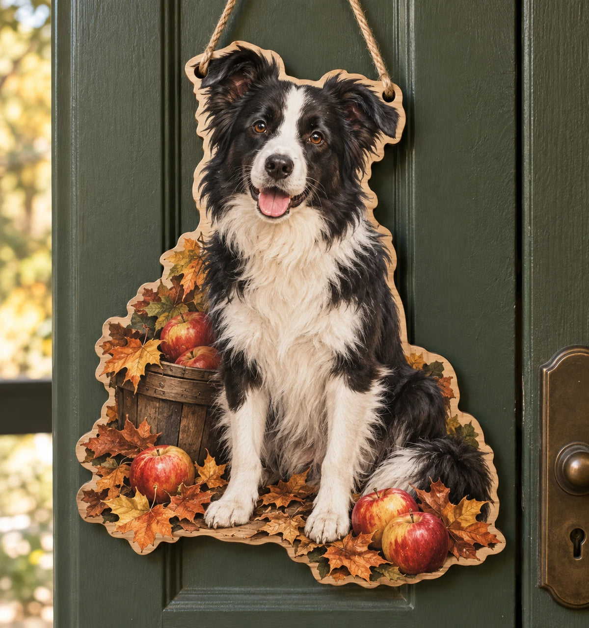 Border Collie Autumn Orchard Custom Shape Door Hanger with printed dimensional artwork