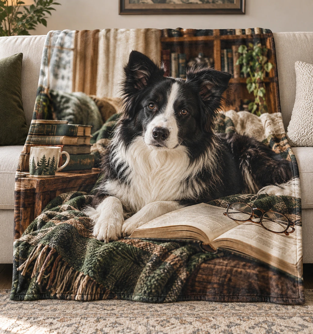 Border Collie Reading Companion Fleece Blanket with printed dimensional artwork