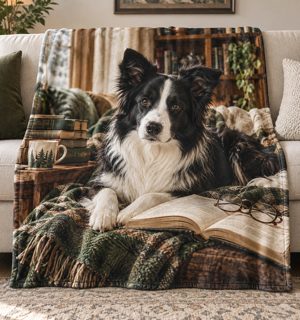 Border Collie Reading Companion Fleece Blanket with printed dimensional artwork