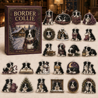 Border Collie advent calendar box and full set of 24 illustrated acrylic charms on a light tabletop