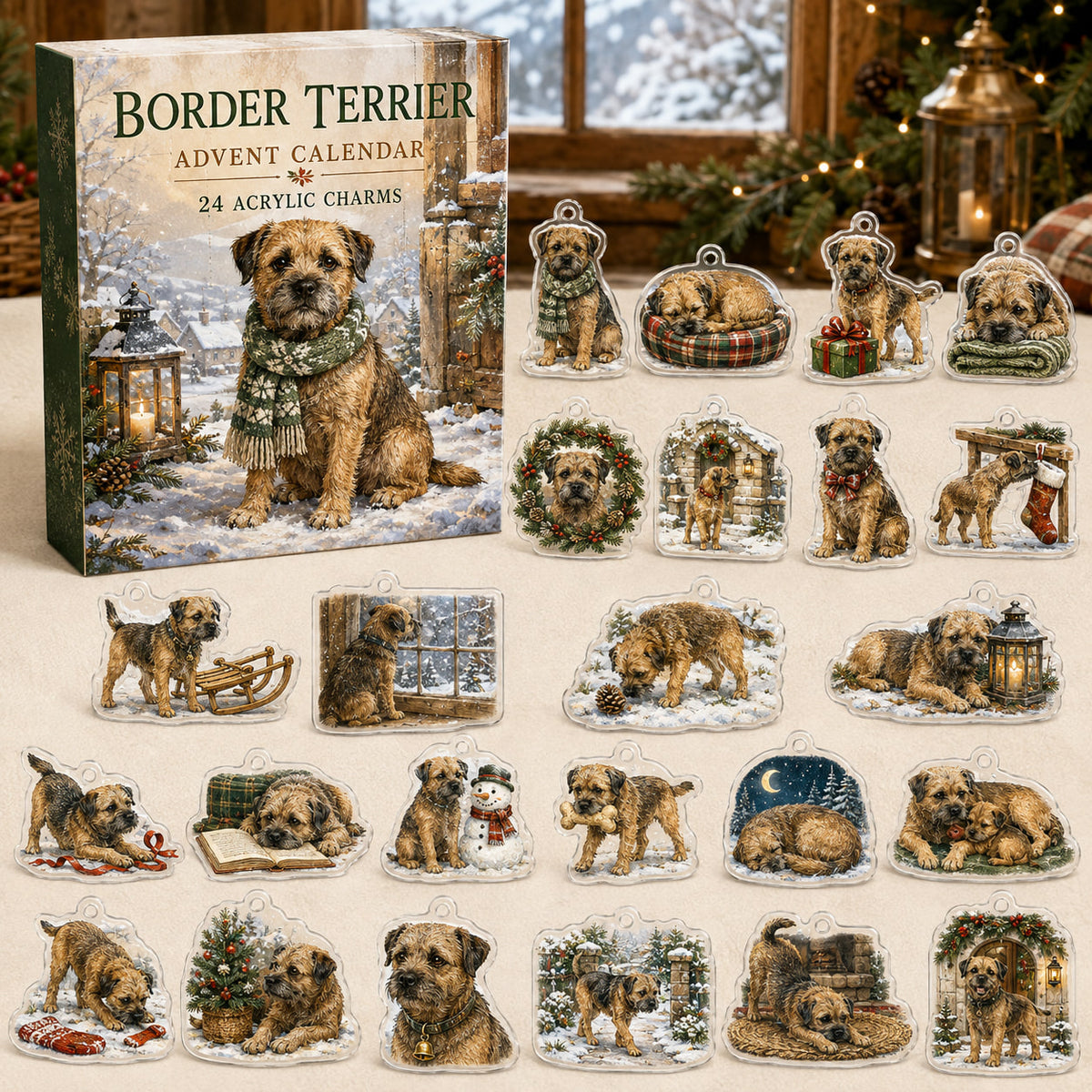 Border Terrier advent calendar box and 24 illustrated acrylic charms displayed on an ivory tabletop in a winter setting