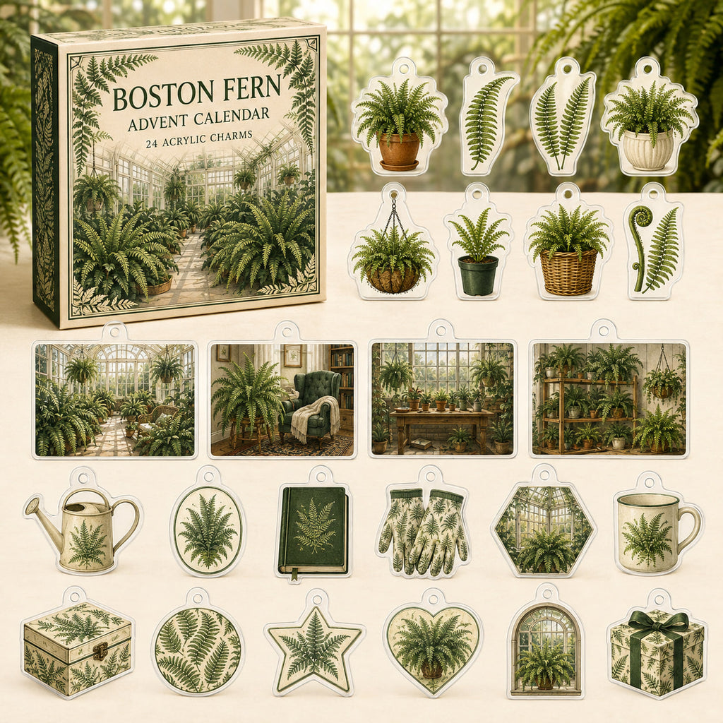 Boston Fern advent calendar box with 24 botanical-themed printed acrylic charms