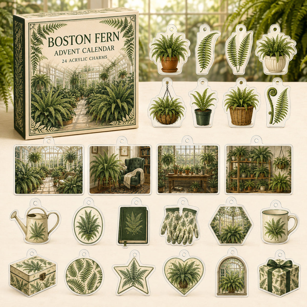 Boston Fern advent calendar box with 24 botanical-themed printed acrylic charms