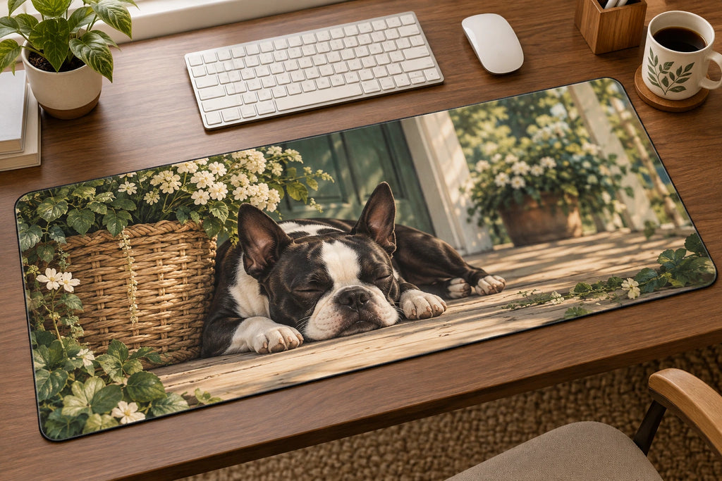 Boston Terrier Porch Nap Desk Mat with printed dimensional artwork