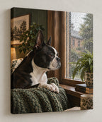 Boston Terrier Rainy Window Canvas Wall Art with printed dimensional artwork