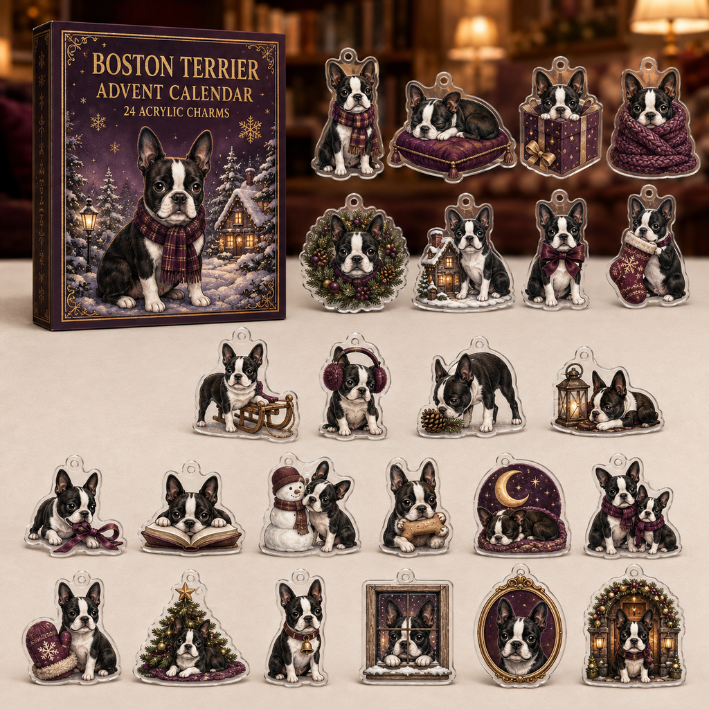 Boston Terrier advent calendar box and full set of 24 illustrated acrylic charms on a light tabletop
