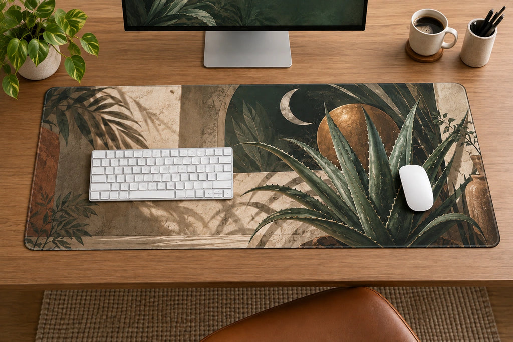 Botanical Desk Mat - Aloe Moon Garden with flat printed dimensional artwork
