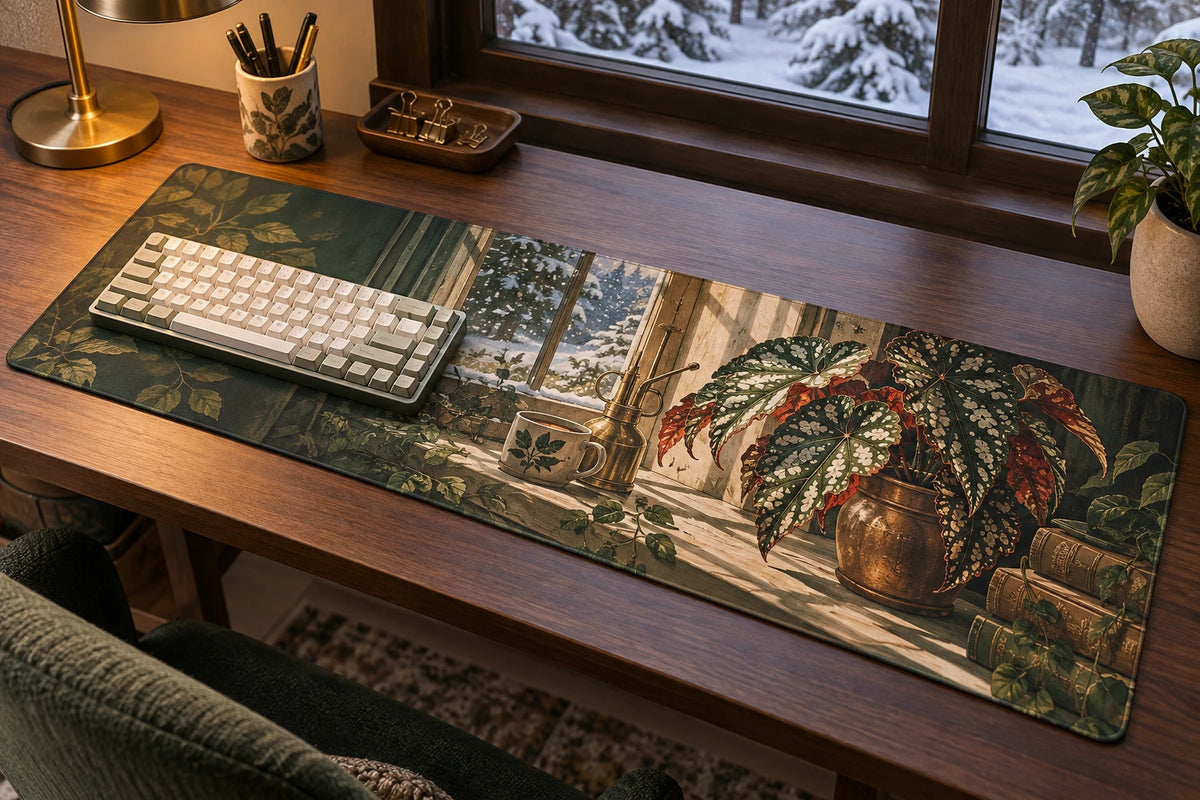 Botanical Desk Mat - Begonia Winter Conservatory with flat printed dimensional artwork