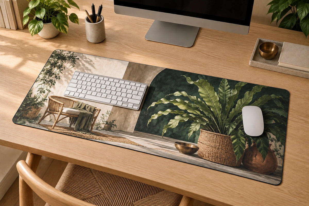 Botanical Desk Mat - Bird Nest Fern Rattan Corner with flat printed dimensional artwork