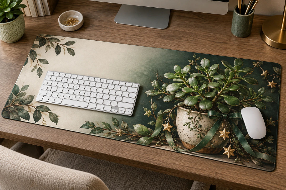 Botanical Desk Mat - Jade Plant Festive Plant Corner with flat printed dimensional artwork