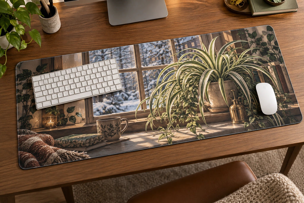 Botanical Desk Mat - Spider Plant Winter Conservatory with flat printed dimensional artwork