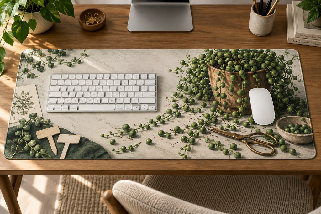 Botanical Desk Mat - String of Pearls Plant Swap with flat printed dimensional artwork