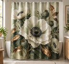 Botanical Shower Curtain - Anemone Harvest Bouquet with printed artwork on draped polyester fabric