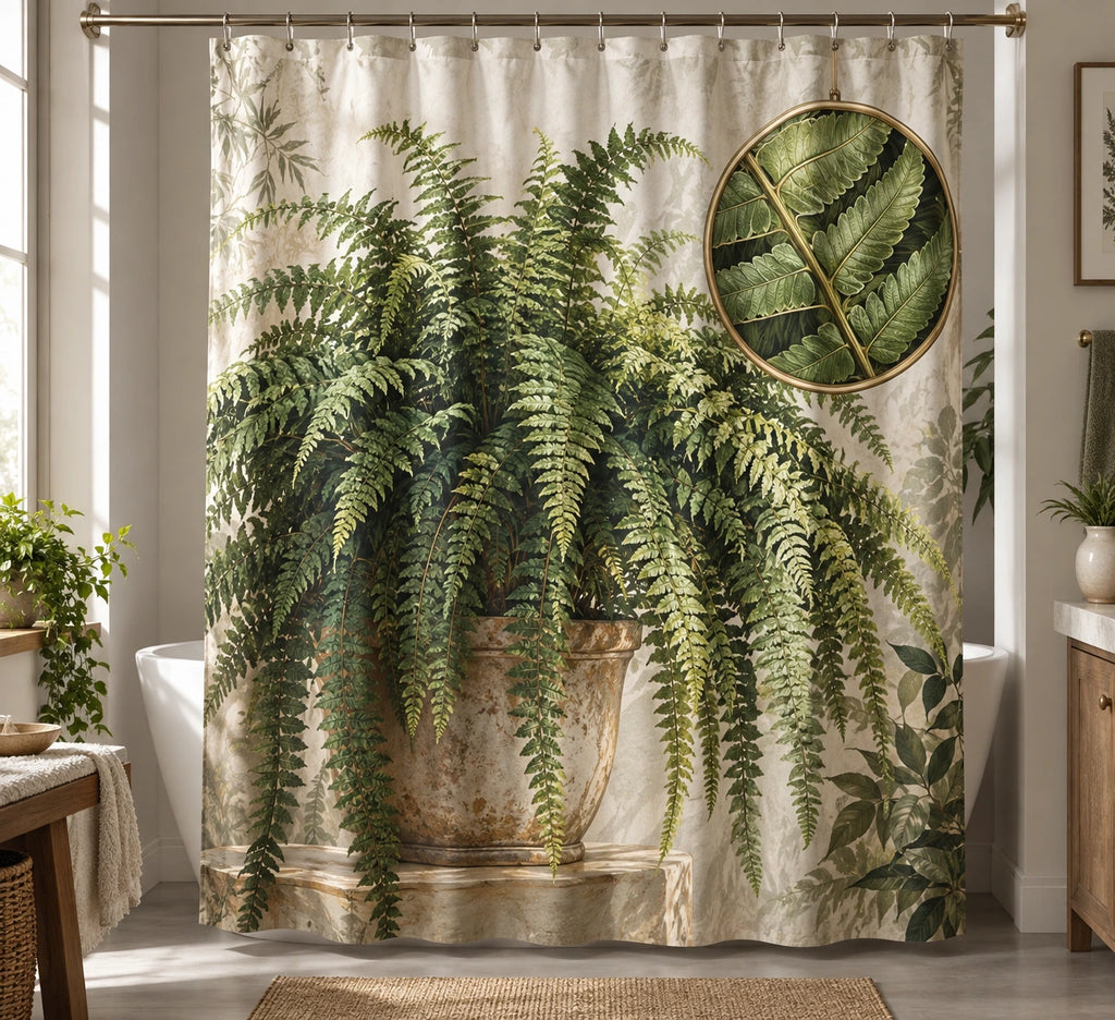 Botanical Shower Curtain - Boston Fern Botanical Study with printed artwork on draped polyester fabric