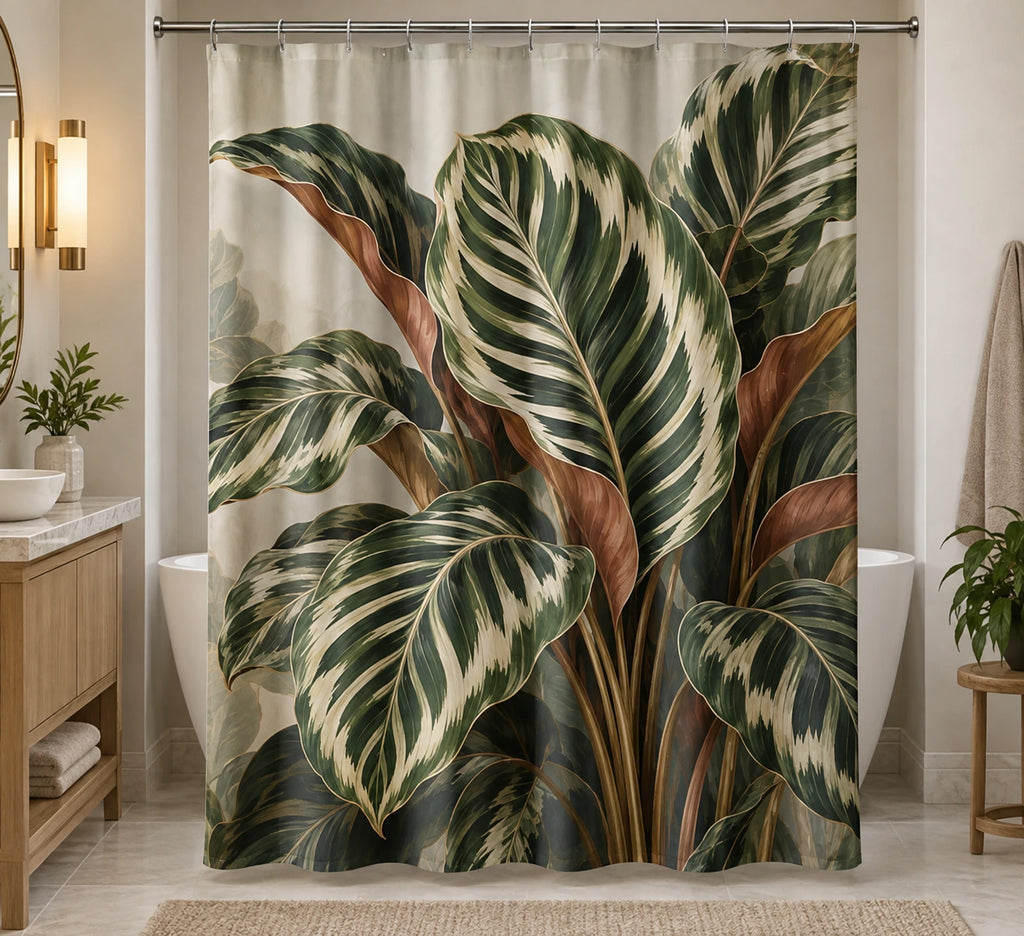 Botanical Shower Curtain - Calathea Botanical Study with printed artwork on draped polyester fabric