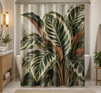 Botanical Shower Curtain - Calathea Botanical Study with printed artwork on draped polyester fabric