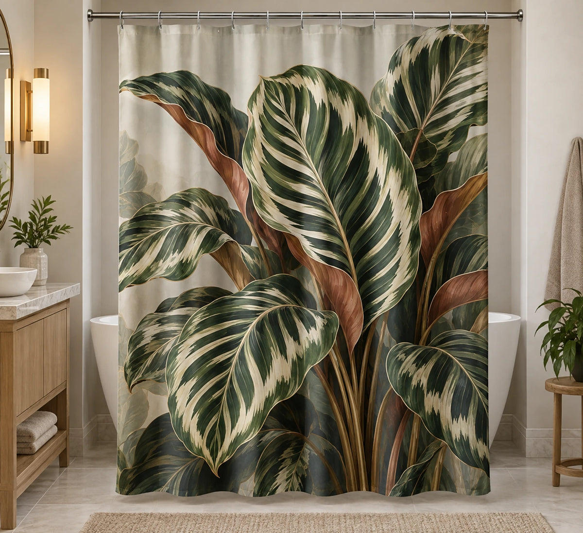 Botanical Shower Curtain - Calathea Botanical Study with printed artwork on draped polyester fabric