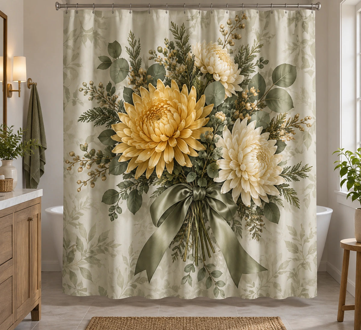 Botanical Shower Curtain - Chrysanthemum Holiday Bouquet with printed artwork on draped polyester fabric