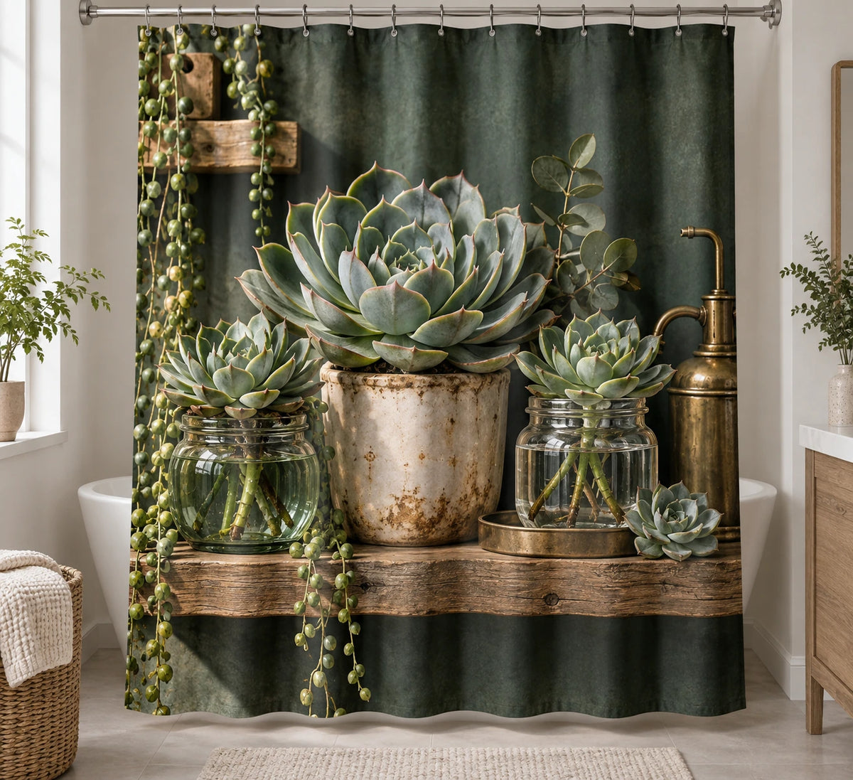 Botanical Shower Curtain - Echeveria Propagation Shelf with printed artwork on draped polyester fabric