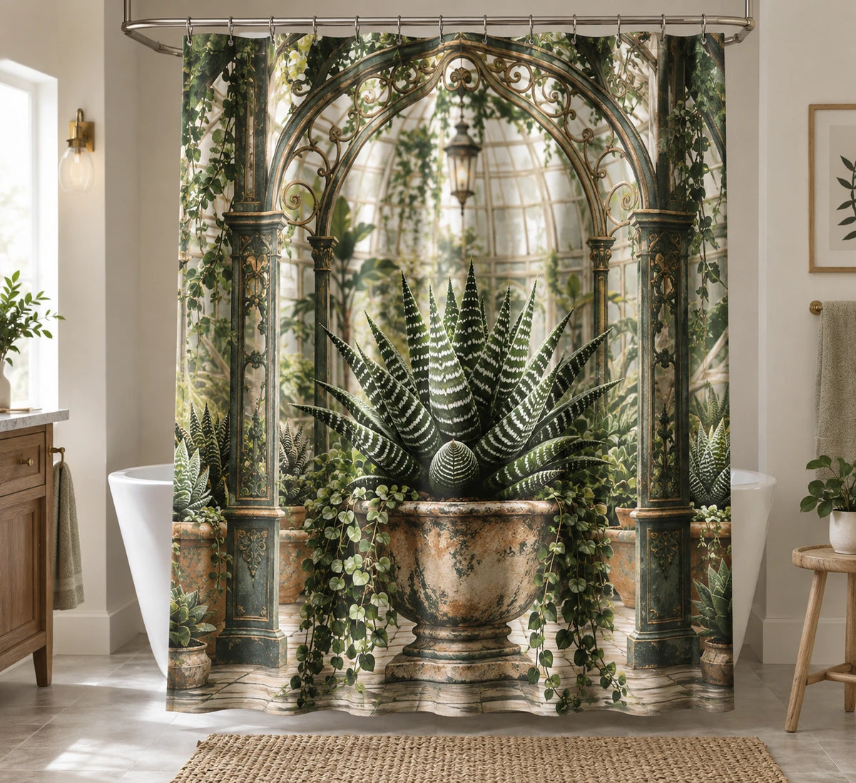 Botanical Shower Curtain - Haworthia Arched Greenhouse with printed artwork on draped polyester fabric