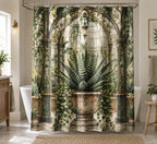 Botanical Shower Curtain - Haworthia Arched Greenhouse with printed artwork on draped polyester fabric