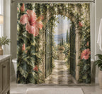 Botanical Shower Curtain - Hibiscus Secret Gate with printed artwork on draped polyester fabric