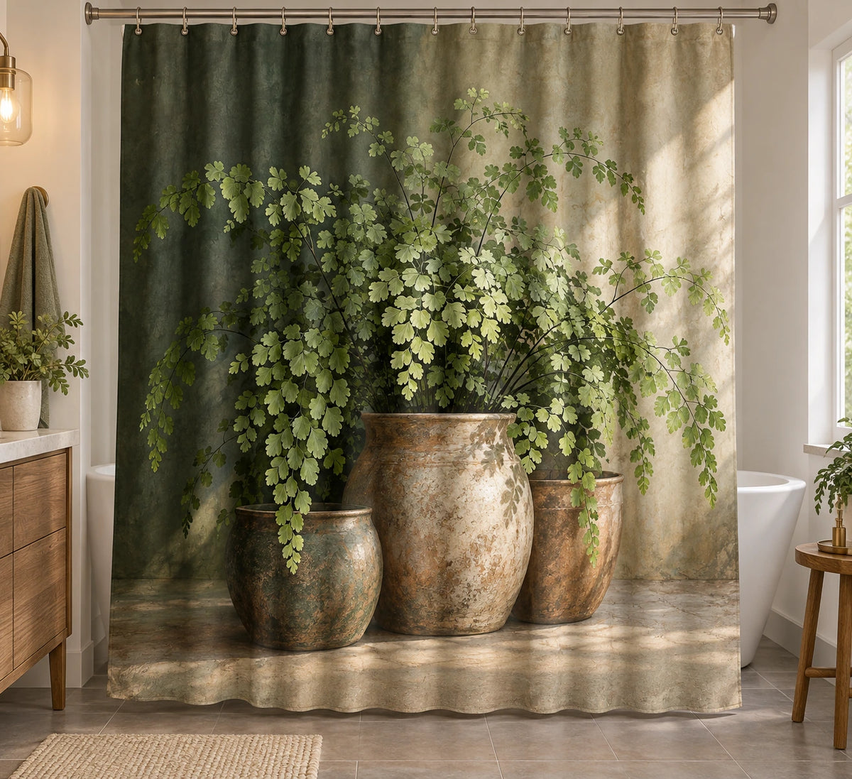 Botanical Shower Curtain - Maidenhair Fern Terracotta Cluster with printed artwork on draped polyester fabric