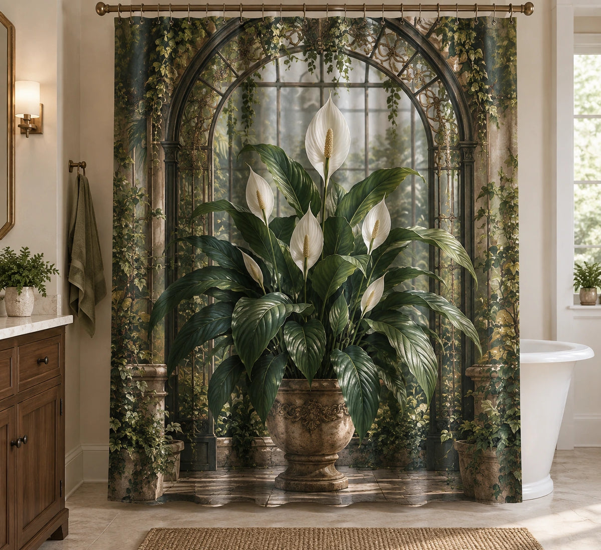 Botanical Shower Curtain - Peace Lily Arched Greenhouse with printed artwork on draped polyester fabric