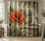 Botanical Shower Curtain - Poppy Stone Fountain with printed artwork on draped polyester fabric
