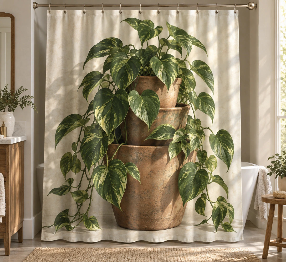Botanical Shower Curtain - Pothos Terracotta Cluster with printed artwork on draped polyester fabric